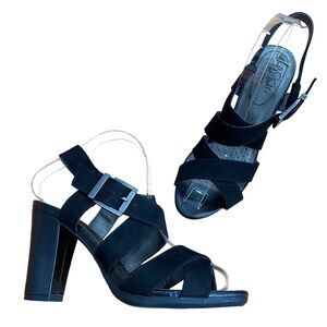 NWOB Life Stride Soft System Black Faux Suede High Heel Comfy Sandals Size 7.5